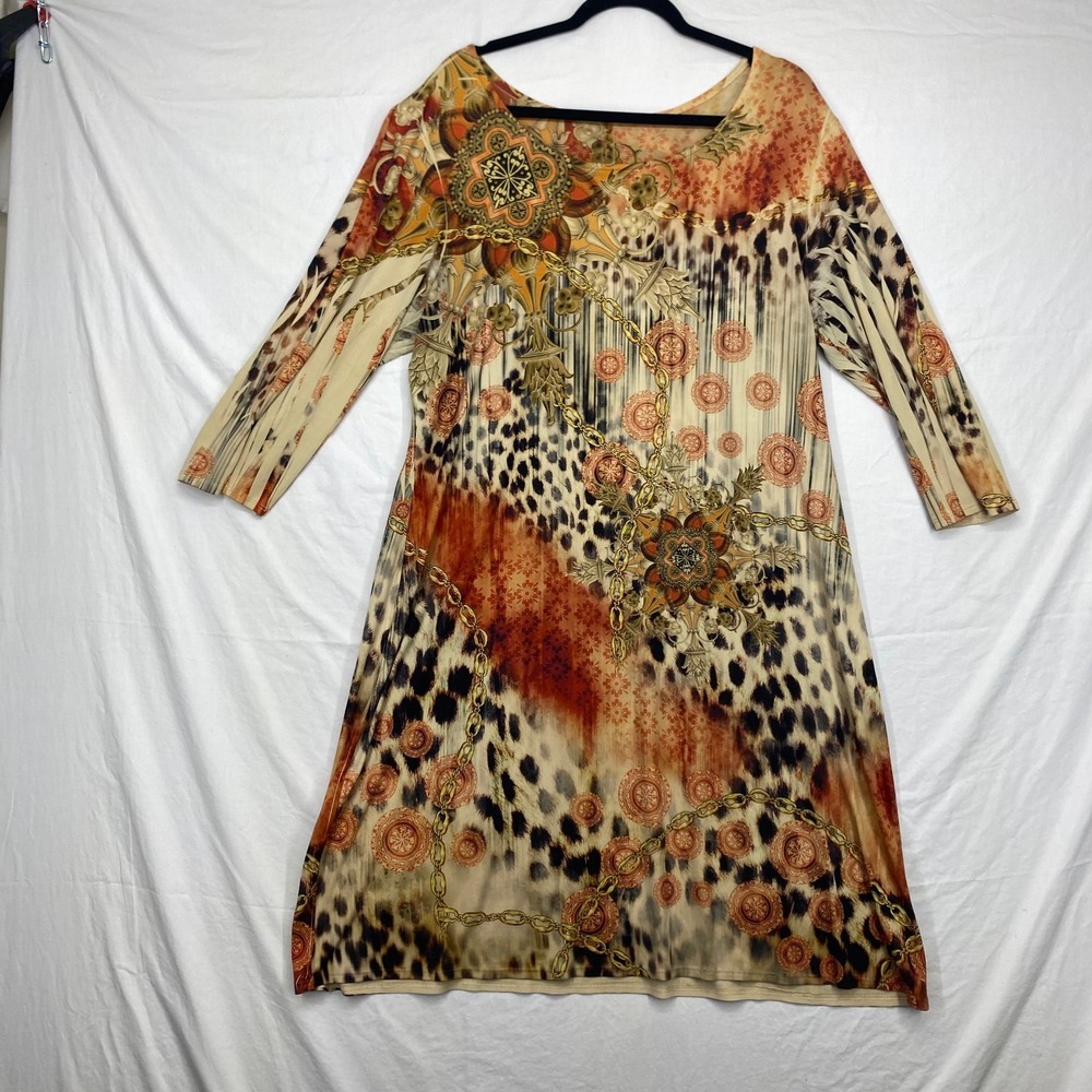 Fresh of LA Leopard Baroque Chain Print Tunic Dress Plus 2X Orange Gold KD3795X
